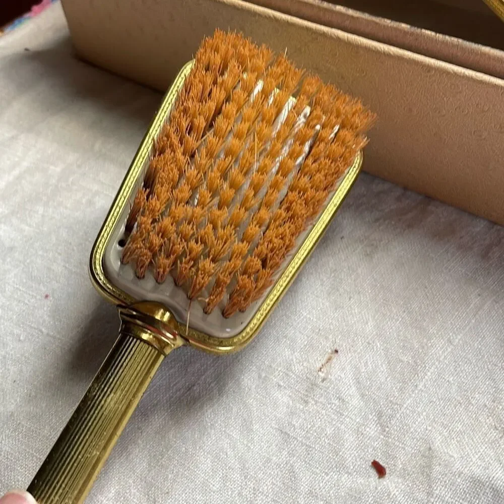 VTG Midcentury vanity set Art Nouveau styles brush & mirror in box.
